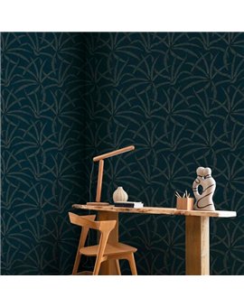 bls107466128 papel pintado blue shades caselio hojas azul oro tejido no tejido lavable