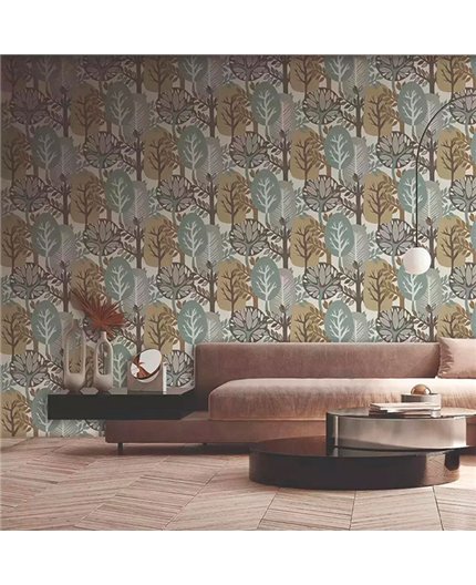 Ref.28281. papel pintado antibes bosque verde, marrón, beige y topo con fondo blanco roto de iberostil