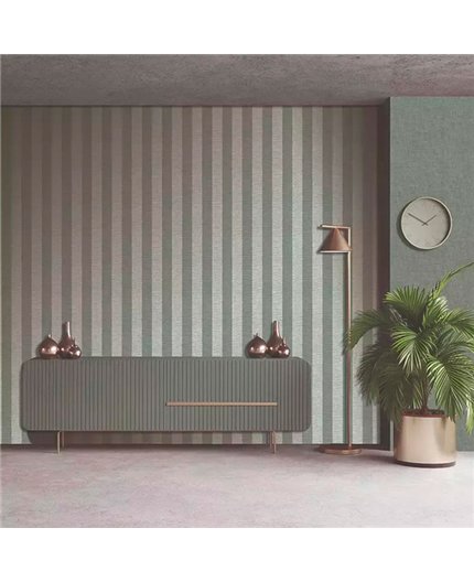 Ref.28217. papel pintado antibes rayas gris con fondo verde de iberostil