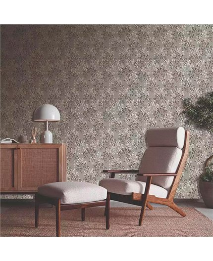 Ref.28252. papel pintado antibes ramas en blanco roto y negro sobre topo de iberostil