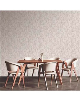 Ref.28260. papel pintado antibes hojas eucalipto sobre fondo gris en tonos topo y dorado de iberostil
