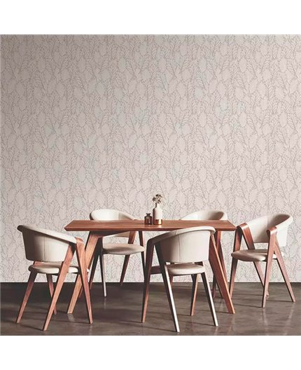 Ref.28260. papel pintado antibes hojas eucalipto sobre fondo gris en tonos topo y dorado de iberostil