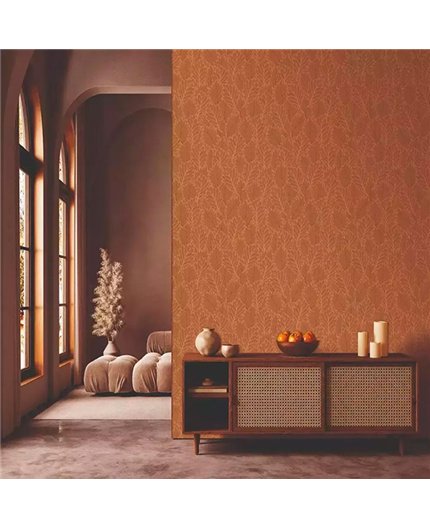 Ref.28262. papel pintado antibes hojas eucalipto colores bronce, fondo marrón de iberostil
