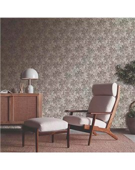 Ref.28252. papel pintado antibes ramas en blanco roto y negro sobre topo de iberostil