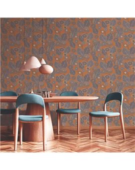 Ref.28272. papel pintado antibes flores acuarela gris, topo y amarillo y fondo ocre de iberostil