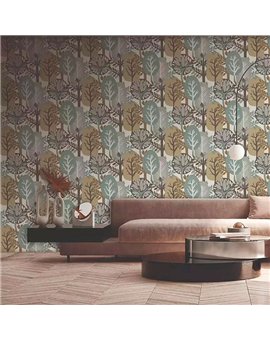 Ref.28281. papel pintado antibes bosque verde, marrón, beige y topo con fondo blanco roto de iberostil