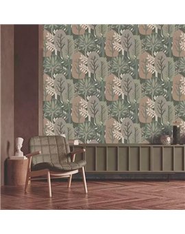 Ref.28283. papel pintado antibes bosque en topo, beige y naranja sobre verde de iberostil