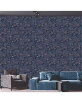 Ref.28273. papel pintado antibes flores acuarela en ocre, gris y topo sobre azul de iberostil