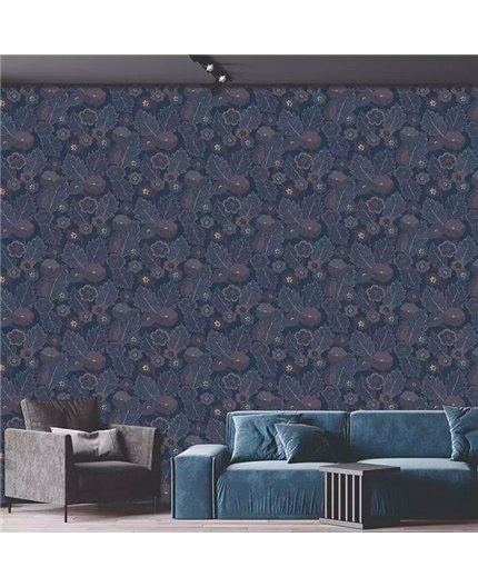 Ref.28273. papel pintado antibes flores acuarela en ocre, gris y topo sobre azul de iberostil