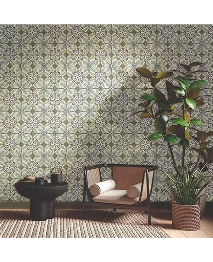 Ref.28241. papel pintado antibes geométrico mosaico verde y marrón sobre blanco roto de iberostil