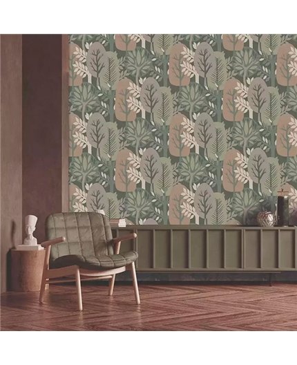 Ref.28283. papel pintado antibes bosque en topo, beige y naranja sobre verde de iberostil