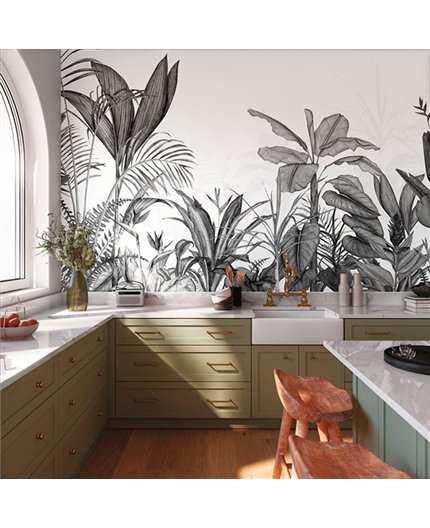 Ref.1551-M-WDWT202339407NW foto de ambiente hojas wonderwalls 3 fondo Blanco Roto con Gris y Negro