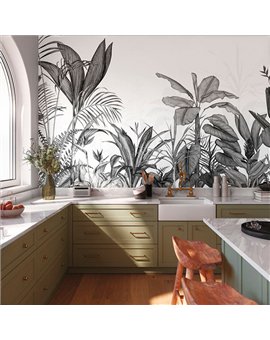 Ref.1551-M-WDWT202339407NW foto de ambiente hojas wonderwalls 3 fondo Blanco Roto con Gris y Negro