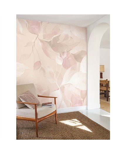 Ref.1551-M-WDWT202284405NW ambiente real de hojas wonderwalls 3, sobre fondo Rosa en tonos Beige y Topo