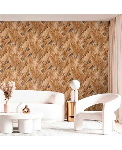 Ref.13303 papel pintado tahiti hojas tropicales Beige sobre fondo Gris