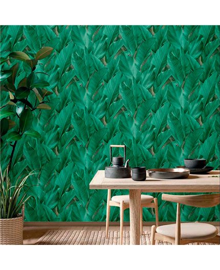 Ref.13304 papel pintado tahiti hojas tropicales sobre fondo Verde en tonos Beige