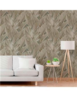 Ref.13306 papel pintado tahiti hojas tropicales en Verde y Marrón sobre Beige