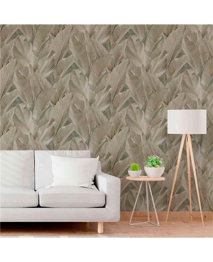 Ref.13306 papel pintado tahiti hojas tropicales en Verde y Marrón sobre Beige