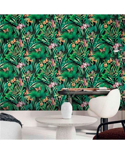Ref.13334 papel pintado tahiti flores Multicolor sobre Negro