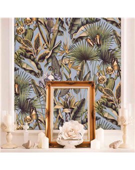 Ref.13332 papel pintado tahiti flores Multicolor con fondo Azul