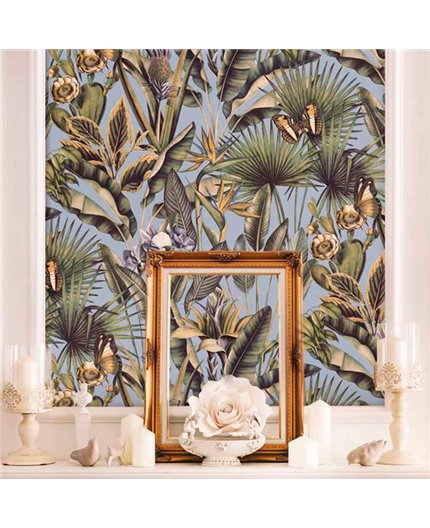Ref.13332 papel pintado tahiti flores Multicolor con fondo Azul