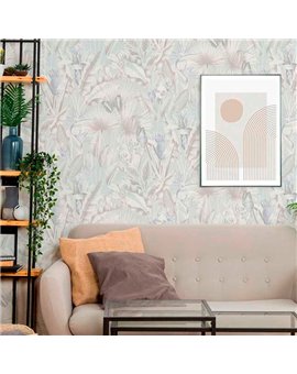 Ref.13330 papel pintado tahiti flores en Topo y Violeta sobre Blanco Roto