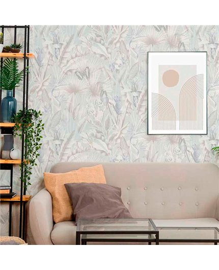 Ref.13330 papel pintado tahiti flores en Topo y Violeta sobre Blanco Roto