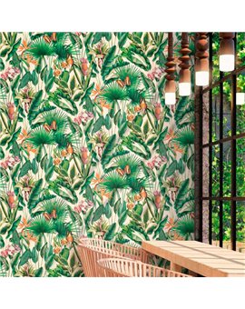 Ref.13335 papel pintado tahiti flores sobre fondo Beige en tonos Multicolor