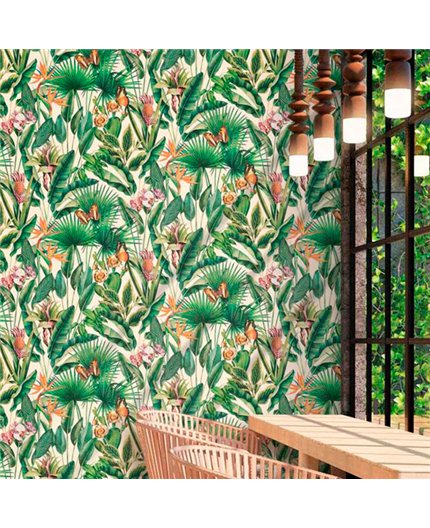 Ref.13335 papel pintado tahiti flores sobre fondo Beige en tonos Multicolor