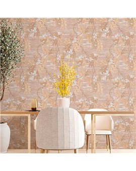 Ref.13319 papel pintado tahiti ramas Blanco Roto y Marrón y fondo Beige