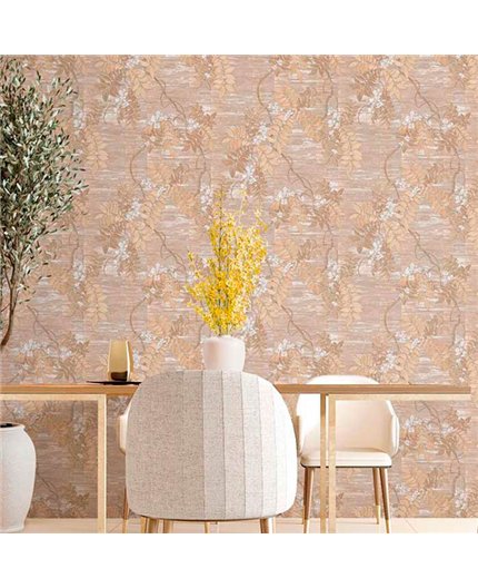 Ref.13319 papel pintado tahiti ramas Blanco Roto y Marrón y fondo Beige