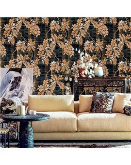 Ref.13321 papel pintado tahiti ramas sobre fondo Negro en tonos Blanco Roto, Beige y Dorado