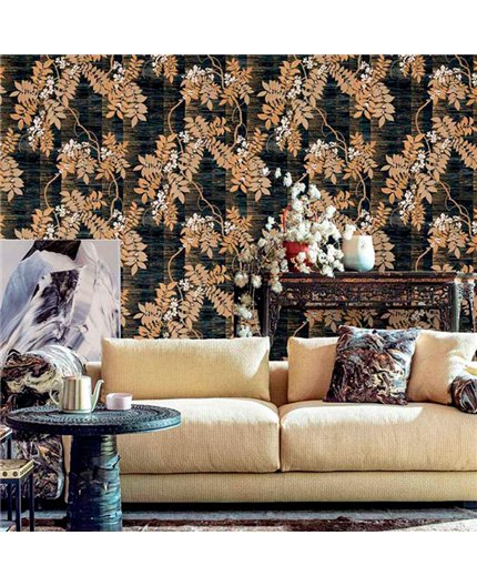 Ref.13321 papel pintado tahiti ramas sobre fondo Negro en tonos Blanco Roto, Beige y Dorado