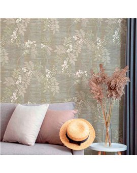 Ref.13320 papel pintado tahiti ramas Beige, Blanco Roto y Dorado con fondo Topo