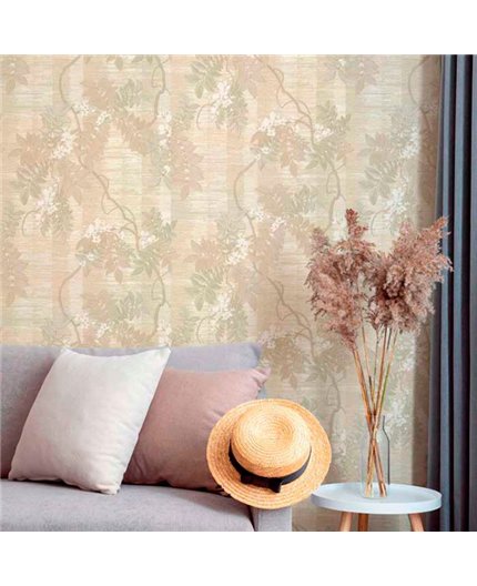 Ref.13318 papel pintado tahiti ramas en Topo y Blanco Roto sobre Beige