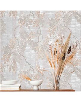Ref.13317 papel pintado tahiti ramas sobre fondo Topo en tonos Blanco Roto y Beige
