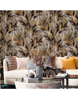 Ref.13349 papel pintado tahiti follaje tropical en Ocre, Negro y Gris sobre Topo