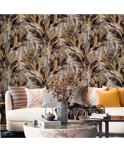 Ref.13349 papel pintado tahiti follaje tropical en Ocre, Negro y Gris sobre Topo