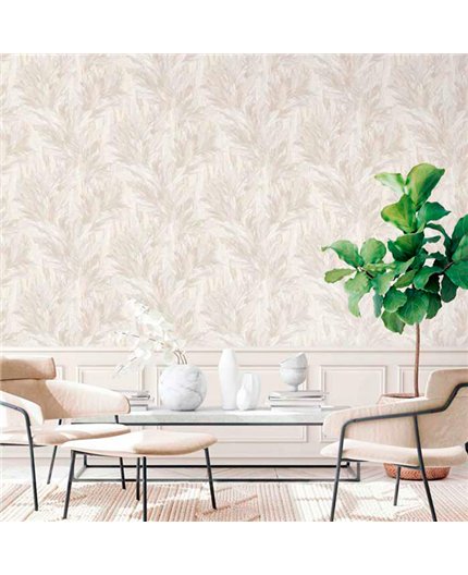 Ref.13344 papel pintado tahiti follaje tropical colores Topo y Gris, fondo Blanco Roto
