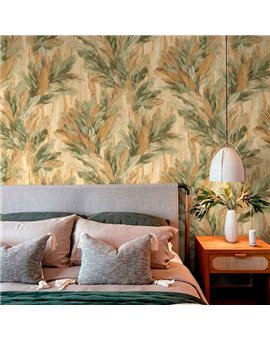 Ref.13347 papel pintado tahiti follaje tropical Verde, Ocre y Marrón con fondo Beige