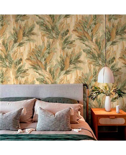 Ref.13347 papel pintado tahiti follaje tropical Verde, Ocre y Marrón con fondo Beige