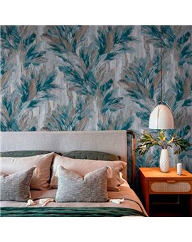 Ref.13348 papel pintado tahiti follaje tropical sobre fondo Gris en tonos Azul, Marrón y Plateado