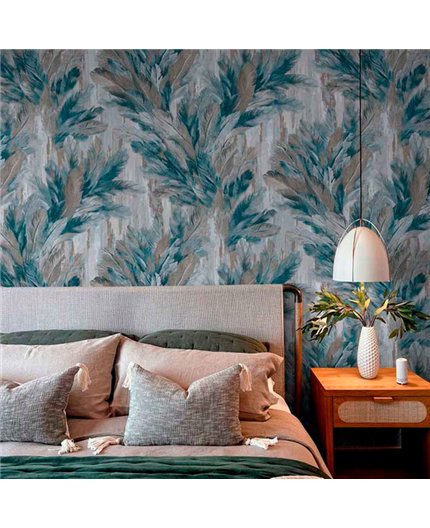 Ref.13348 papel pintado tahiti follaje tropical sobre fondo Gris en tonos Azul, Marrón y Plateado