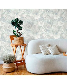 Ref.13358 papel pintado tahiti flores menudas Blanco Roto y Azul con fondo Topo