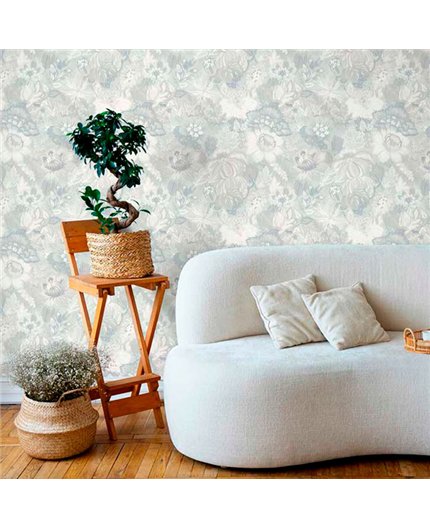 Ref.13358 papel pintado tahiti flores menudas Blanco Roto y Azul con fondo Topo