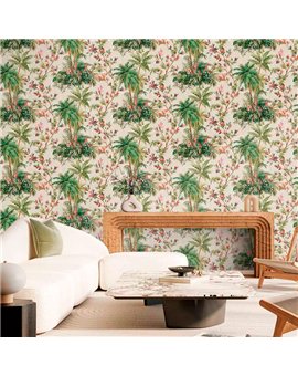 Ref.21159 ambiente con silva essence palmeras Verde, Marrón y Caldera sobre fondo Beige