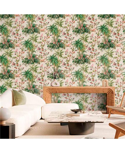 Ref.21159 ambiente con silva essence palmeras Verde, Marrón y Caldera sobre fondo Beige