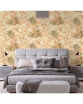 Ref.21158 ambiente con silva essence palmeras Verde, Marrón y Dorado sobre fondo Topo