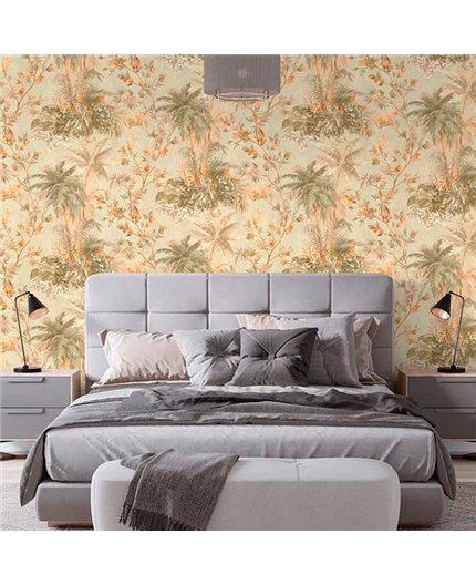 Ref.21158 ambiente con silva essence palmeras Verde, Marrón y Dorado sobre fondo Topo