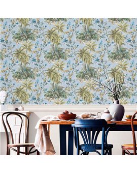 Ref.21156 ambiente real de palmeras silva essence, sobre fondo Gris en tonos Verde, Azul y Topo